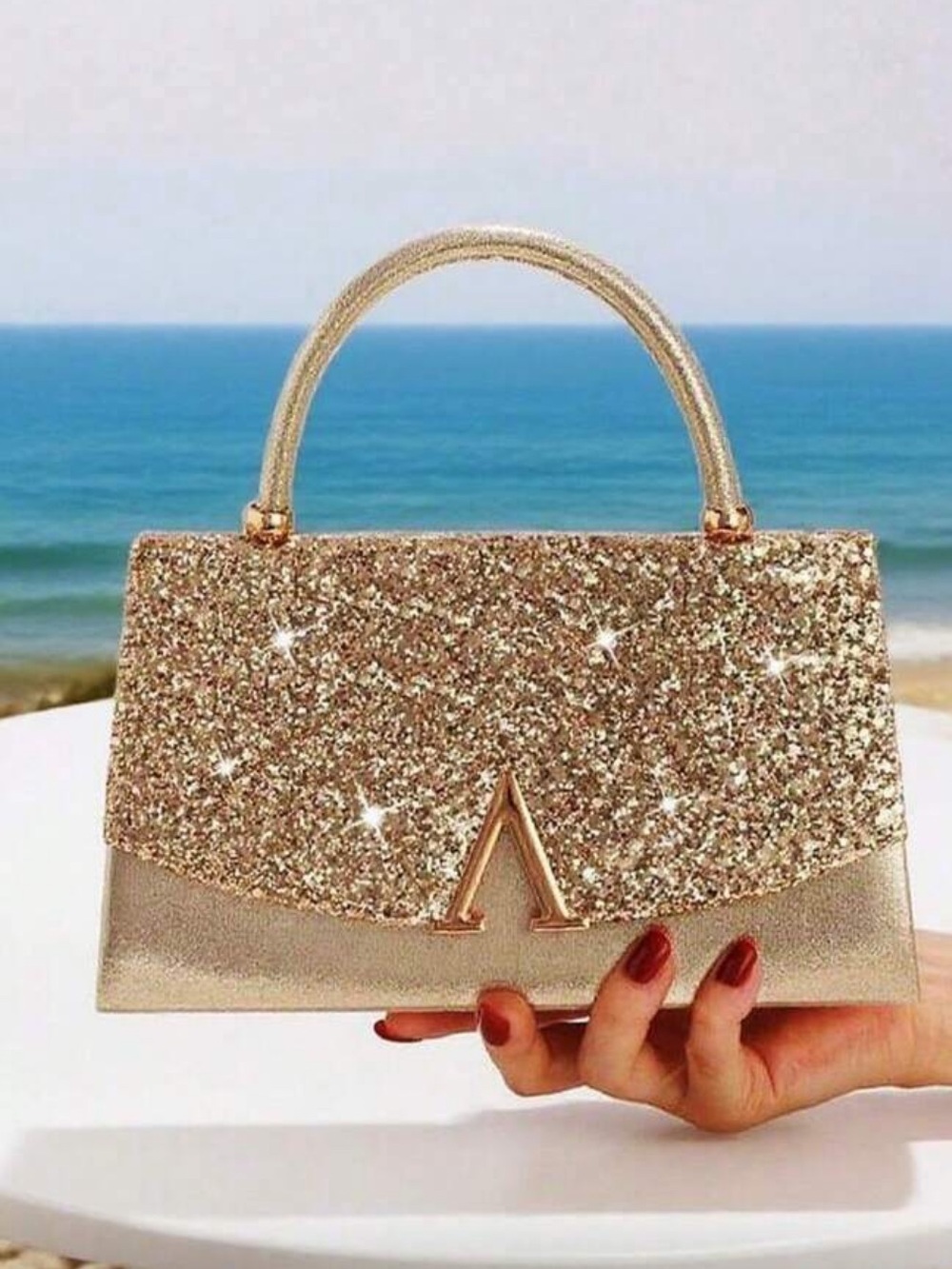 Gold Glitter Top-Handle Evening Bag